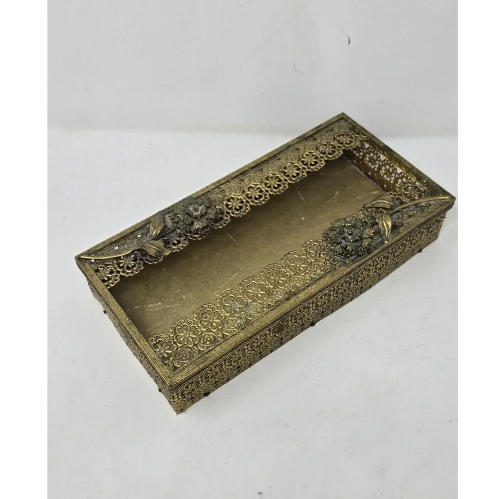 Vtg tissue box Holder 24 Kt gold plated filigree floral